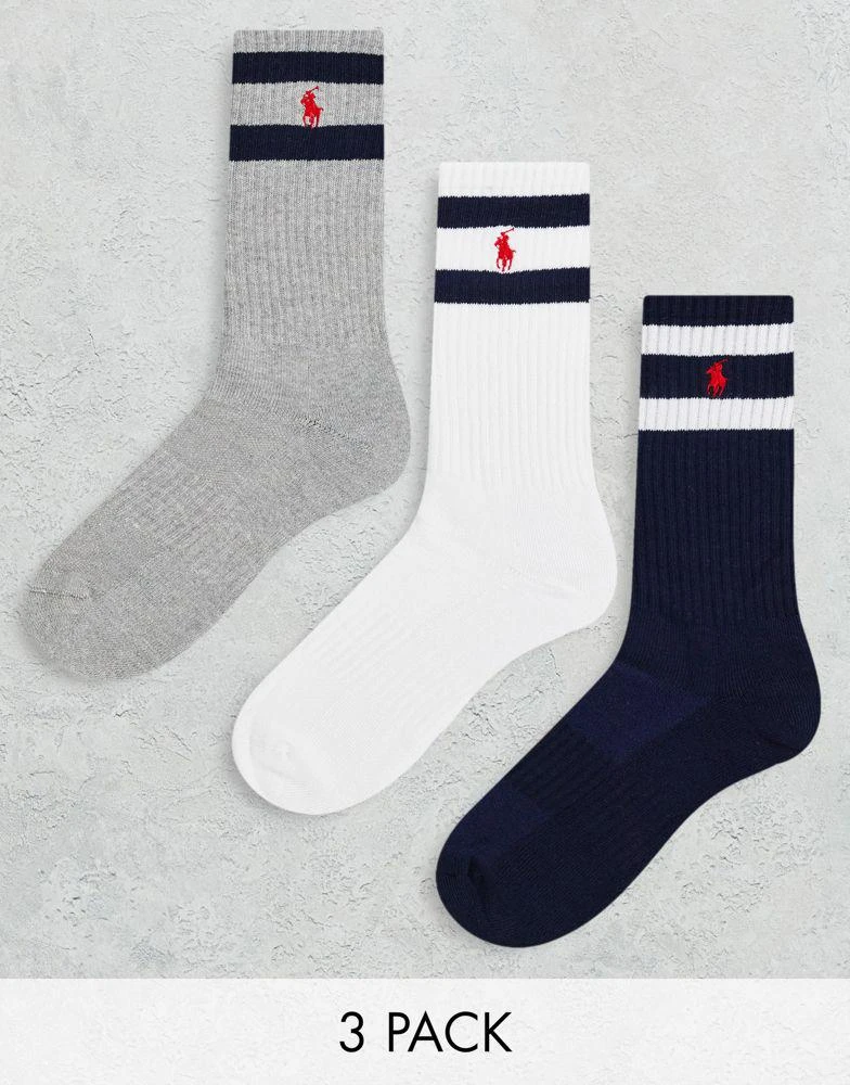 商品Ralph Lauren|Polo Ralph Lauren 3 pack socks in white, grey, navy with pony stripe,价格¥224,第1张图片