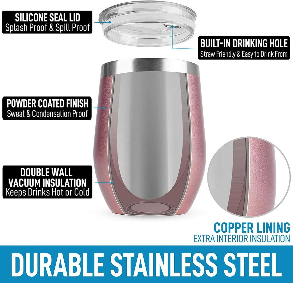 商品Zulay Kitchen|12oz Stemless Stainless Steel Wine Tumblers With Lids,价格¥171,第2张图片详细描述