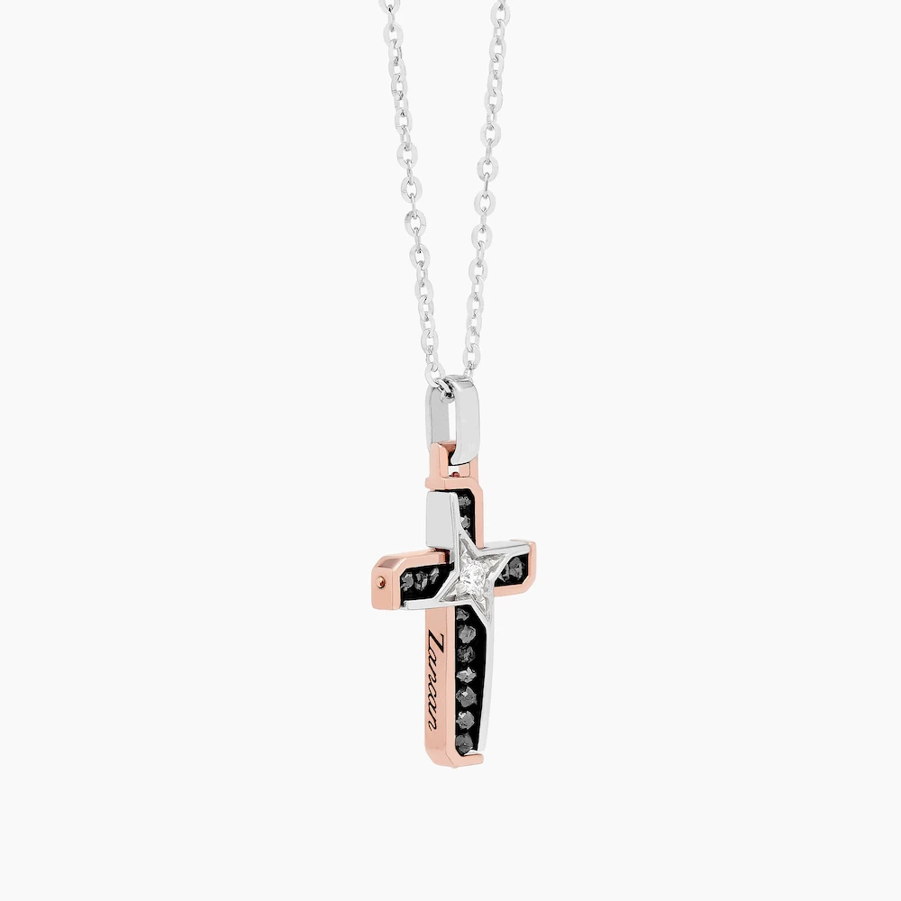 商品Zancan|18k rose and whit gold necklace with cross pendant embellished with black and white diamonds.,价格¥13366,第1张图片