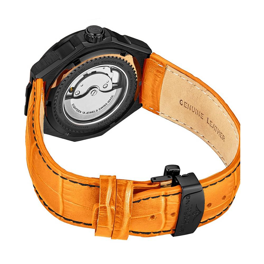 Men's Automatic Orange Alligator Embossed Genuine Leather Strap with Black Stitching Watch 44mm商品第2张图片规格展示