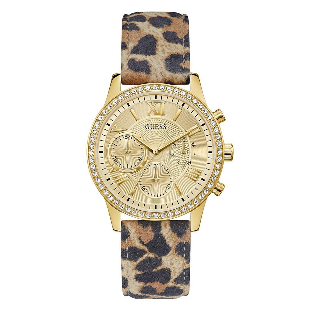 商品GUESS|Women's Gold-Tone Glitz Animal Print Genuine Leather Strap Multi-Function Watch, 40mm,价格¥898,第1张图片