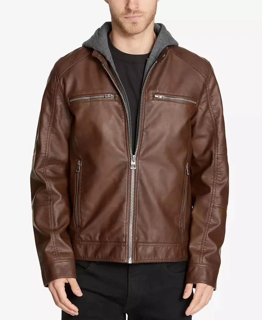 商品GUESS|Men's Faux-Leather Detachable-Hood Motorcycle Jacket,价格¥598,第3张图片详细描述