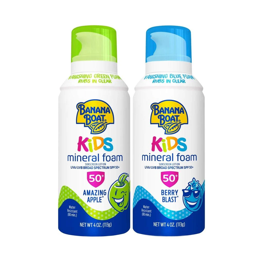 商品Banana Boat|Banana Boat Kids Vanishing Color, Amazing Apple and Berry Blast Reef Friendly Broad Spectrum Mineral Sunscreen Foam Twin Pack, SPF 50, 4oz. Each,价格¥133,第1张图片