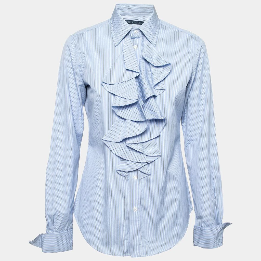 商品[二手商品] Ralph Lauren|Ralph Lauren Blue Striped Cotton Ruffle Trimmed Button Front Shirt M,价格¥919,第1张图片