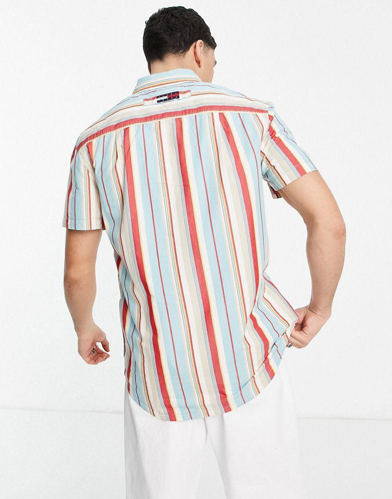 商品Tommy Hilfiger|Tommy Jeans archive washed stripe short sleeve shirt boxy fit in light blue,价格¥286,第4张图片详细描述
