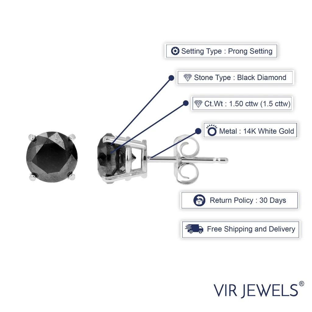 商品Vir Jewels|1.50 cttw Black Diamond Stud Earrings 14K White Gold Round Push Backs 4 Prong Basket,价格¥3353,第4张图片详细描述
