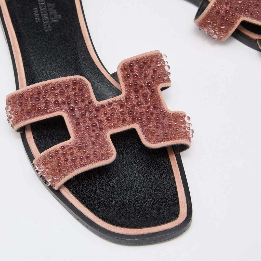 Hermes Pink Beads Embellished Leather Oran Flat Slides Size 35.5 商品