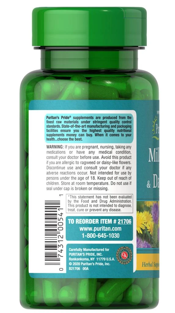 商品Puritan's Pride|Milk Thistle Extract and Dandelion Extract 60 capsules,价格¥206,第3张图片详细描述