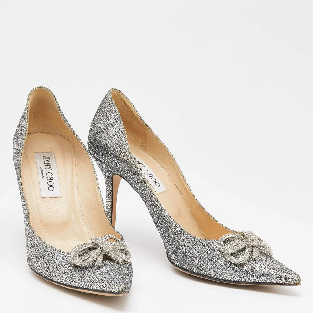 商品[二手商品] Jimmy Choo|Jimmy Choo Silver Glitter Crystal Bow Samba Pointed Toe Pumps Size 39,价格¥3443,第4张图片详细描述