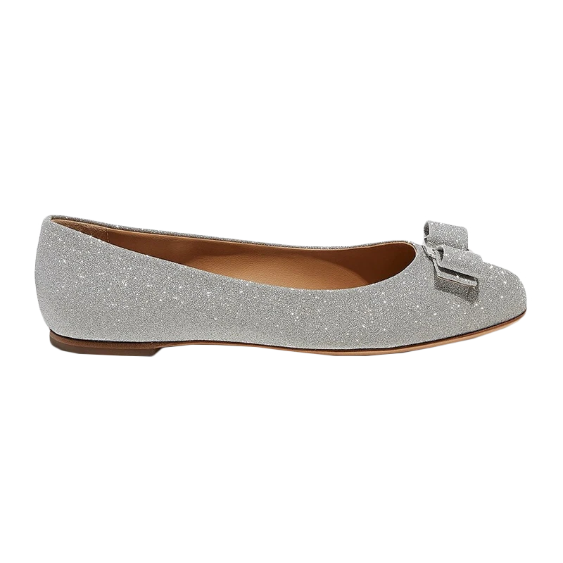 SALVATORE FERRAGAMO 女士银色牛皮亮闪蝴蝶结平底鞋 001-P691-709613 商品