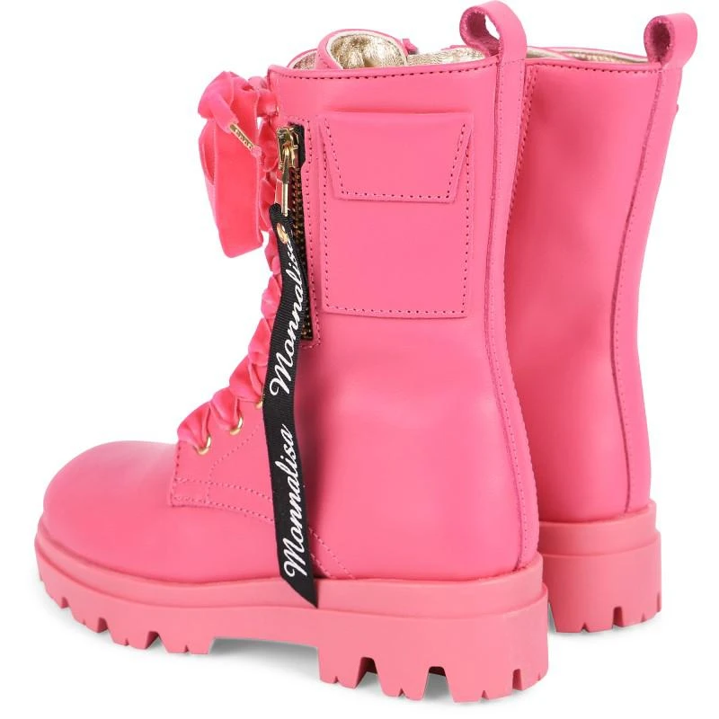 商品MONNALISA|Lace up logo leather boots in pink,价格¥2098,第2张图片详细描述