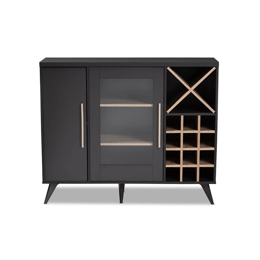 商品Baxton Studio|Pietro Mid-Century Modern Dark Grey and Oak Finished Wine Cabinet,价格¥1920,第3张图片详细描述