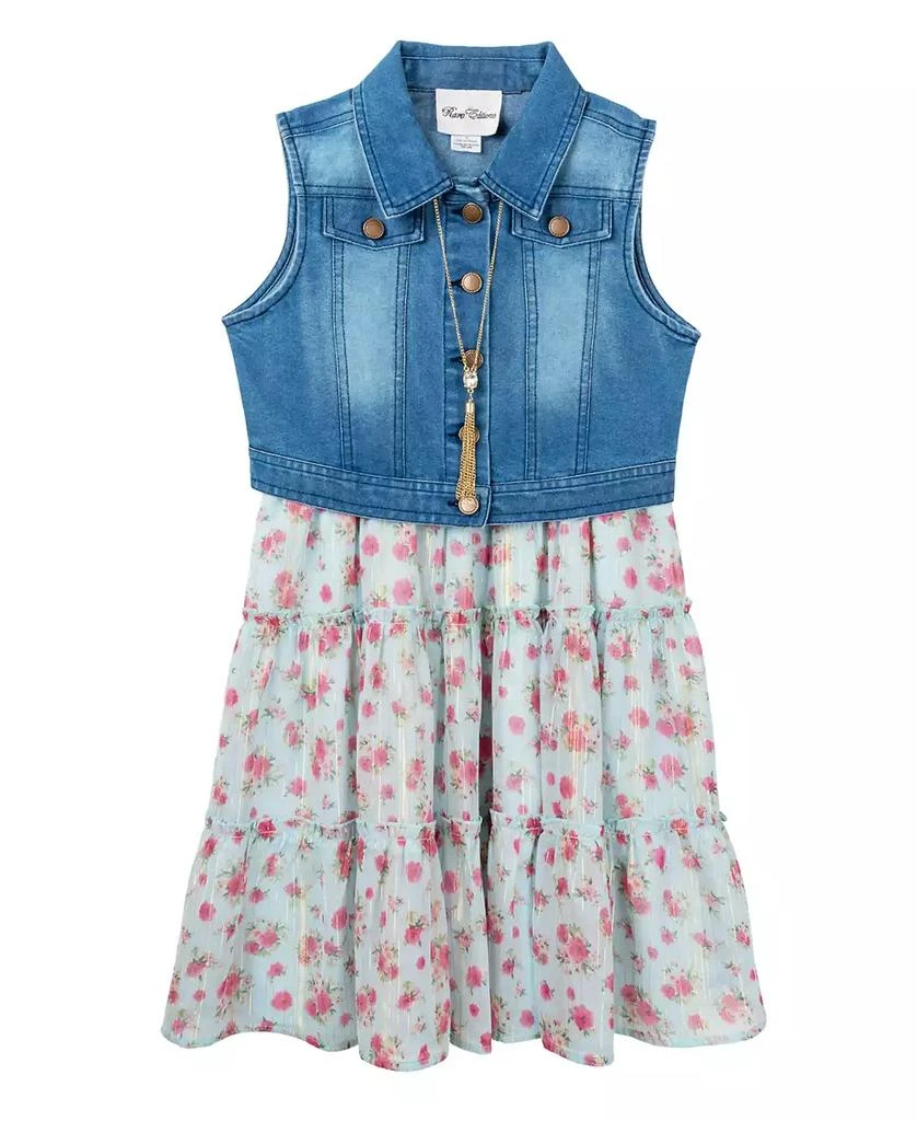 商品Rare Editions|Big Girls Denim Vest Dress Outfit with Necklace, 3 PC,价格¥173,第4张图片详细描述