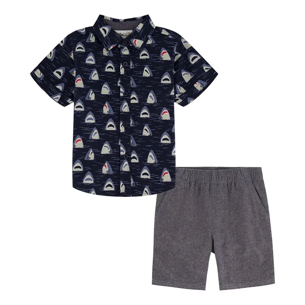 商品KIDS HEADQUARTERS|Little Boys Short Sleeve Shark-Print Poplin Shirt and Chambray Shorts, 2 Piece Set,价格¥132,第1张图片