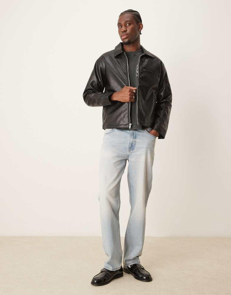 Abercrombie & Fitch cropped zip front faux leather biker jacket in