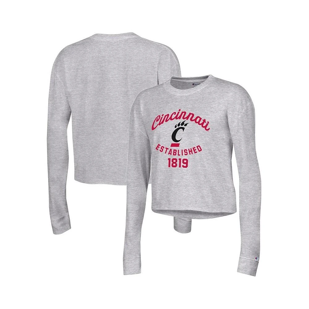 商品CHAMPION|Women's Heather Gray Cincinnati Bearcats Boyfriend Cropped Long Sleeve T-shirt,价格¥262,第1张图片