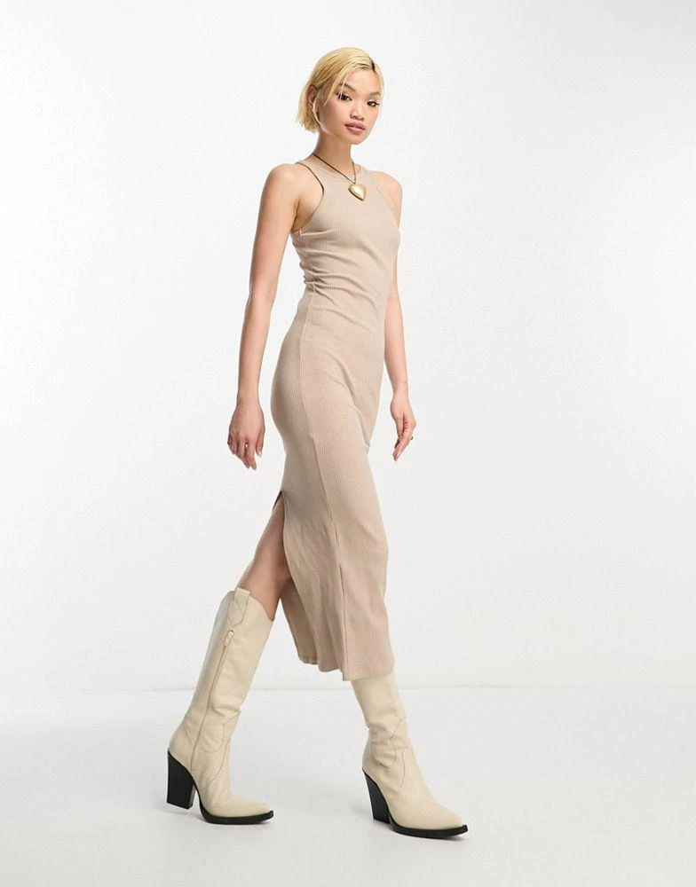 商品Bershka|Bershka ribbed racer neck bodycon midi dress in sand,价格¥170,第1张图片