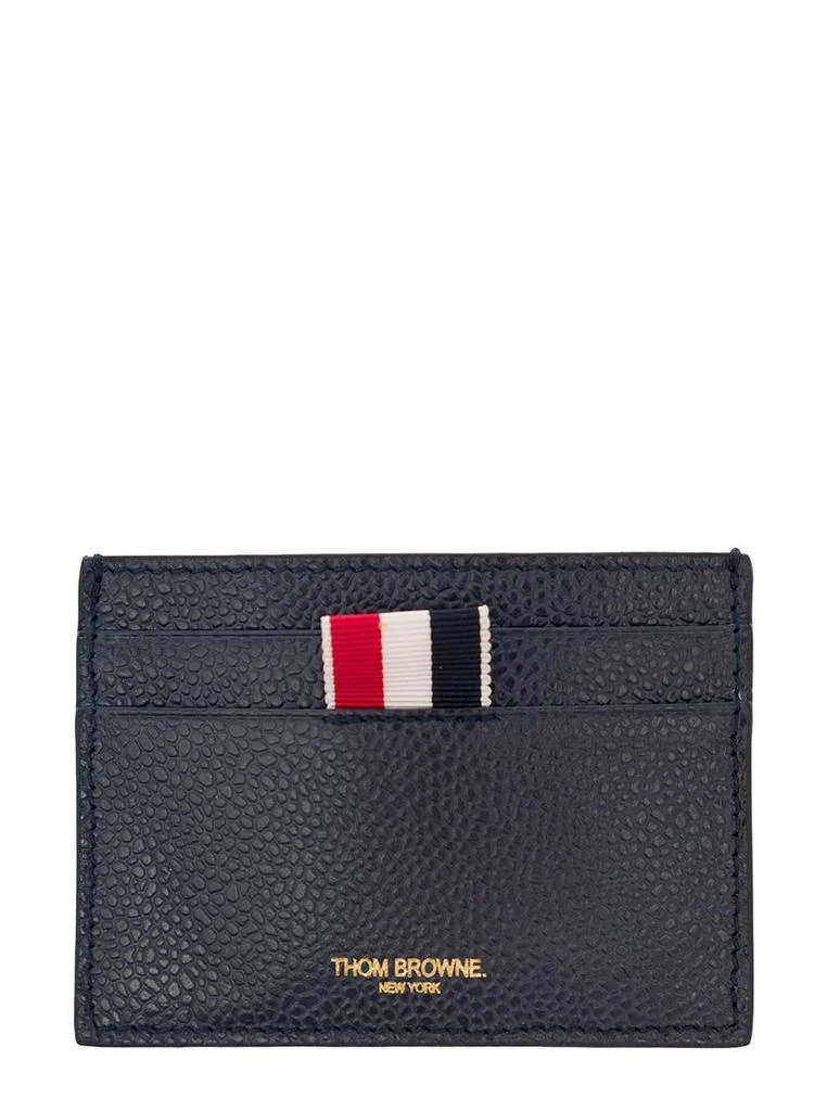 商品Thom Browne|Single Card Holder W/ 4 Bar Applique Stripe In Pebble Grain Leather in Blue,价格¥1430,第1张图片