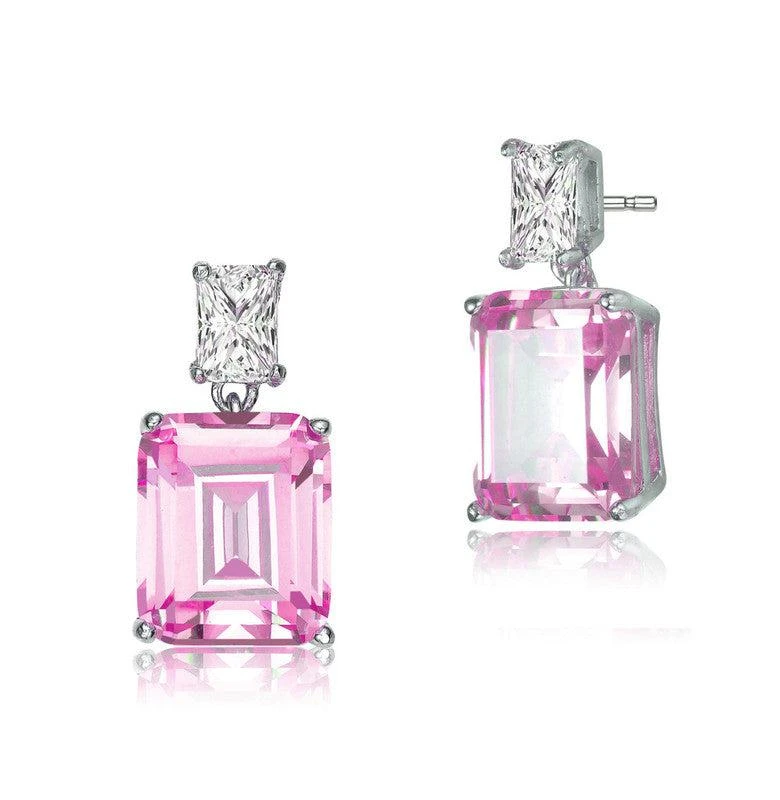 商品Genevive|GENEVIVE Sterling Silver Emerald Cubic Zirconia Rectangle Stud Earrings,价格¥712,第1张图片