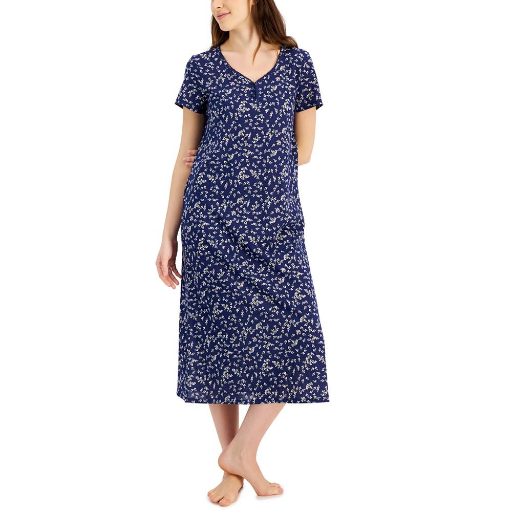 Women's Short Sleeve Cotton Essentials Printed Midi Nightgown, Created for Macy's商品第1张图片规格展示