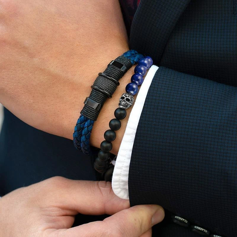 商品Crucible Jewelry|Crucible Los Angeles Single Gold Skull Stretch Bracelet with 8mm Matte Black Onyx and Lapis Lazuli Beads,价格¥356,第2张图片详细描述