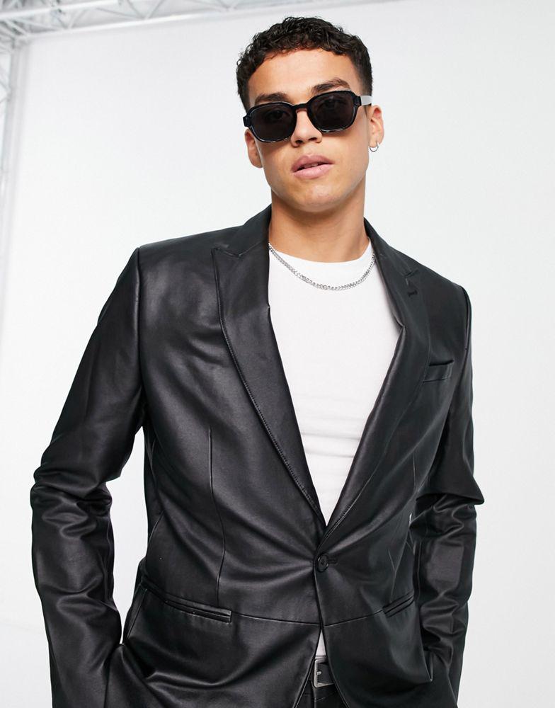River Island slim PU suit jacket in black商品第3张图片规格展示