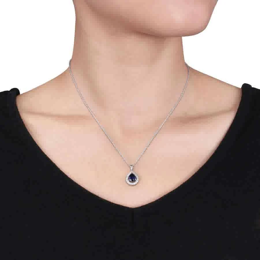 商品Amour|Created Blue and Created White Sapphire Teardrop Halo Pendant with Chain In Sterling Silver,价格¥349,第2张图片详细描述