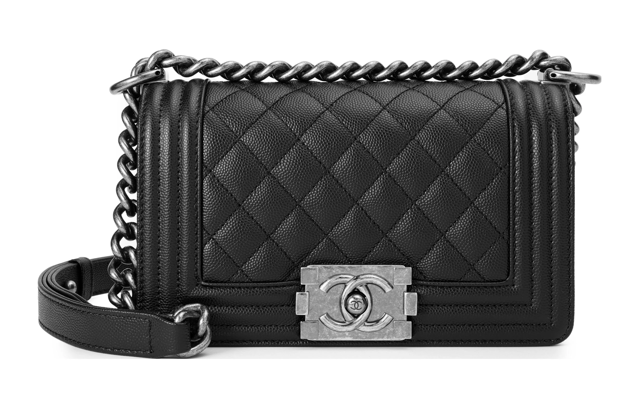 商品[国内直发] Chanel|香奈儿 LEBOY 复古做旧银扣 荔枝纹颗粒牛皮 手提单肩斜挎包 小号 女款 黑色,价格¥47221,第1张图片