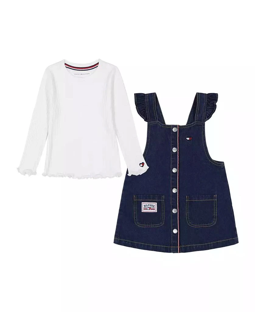 商品Tommy Hilfiger|Toddler and Little Girls Chunky Rib Long Sleeve Tee and Denim Jumper, 2-Piece Set,价格¥178,第1张图片