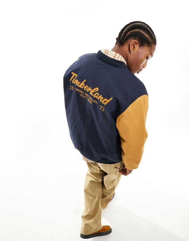 商品Timberland|Timberland utility varsity bomber jacket with back print in navy with contrast sleeves,价格¥1090,第1张图片