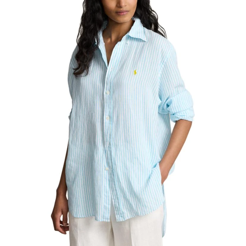商品[国内直发] Ralph Lauren|SS24 条纹Logo刺绣宽松单排扣长袖衬衫 女款 绿松石色,价格¥1363,第5张图片详细描述