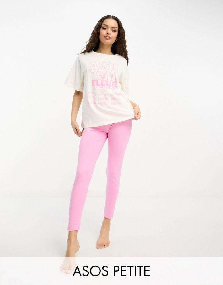 商品ASOS|ASOS DESIGN Petite exclusive flower placement oversized tee & legging pyjama set in cream & pink,价格¥197,第1张图片