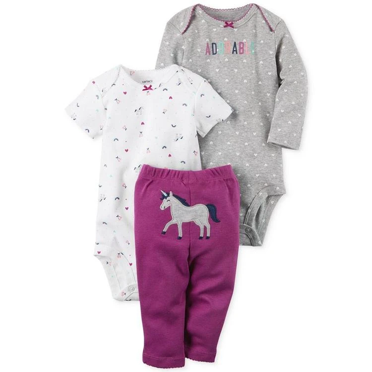 商品Carter's|3-Pc. Cotton Unicorn Bodysuits & Pants Set, Baby Girls,价格¥75,第1张图片