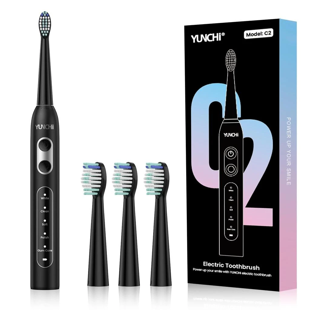 商品YUNCHI|YUNCHI Electric Toothbrush for Adults, Sonic Toothbrush, Rechargeable Electric Toothbrush with 4 Brush Heads,5 Modes & 2 Minutes Smart Timer,Waterproof,Battery Toothbrush,Black,价格¥118,第1张图片