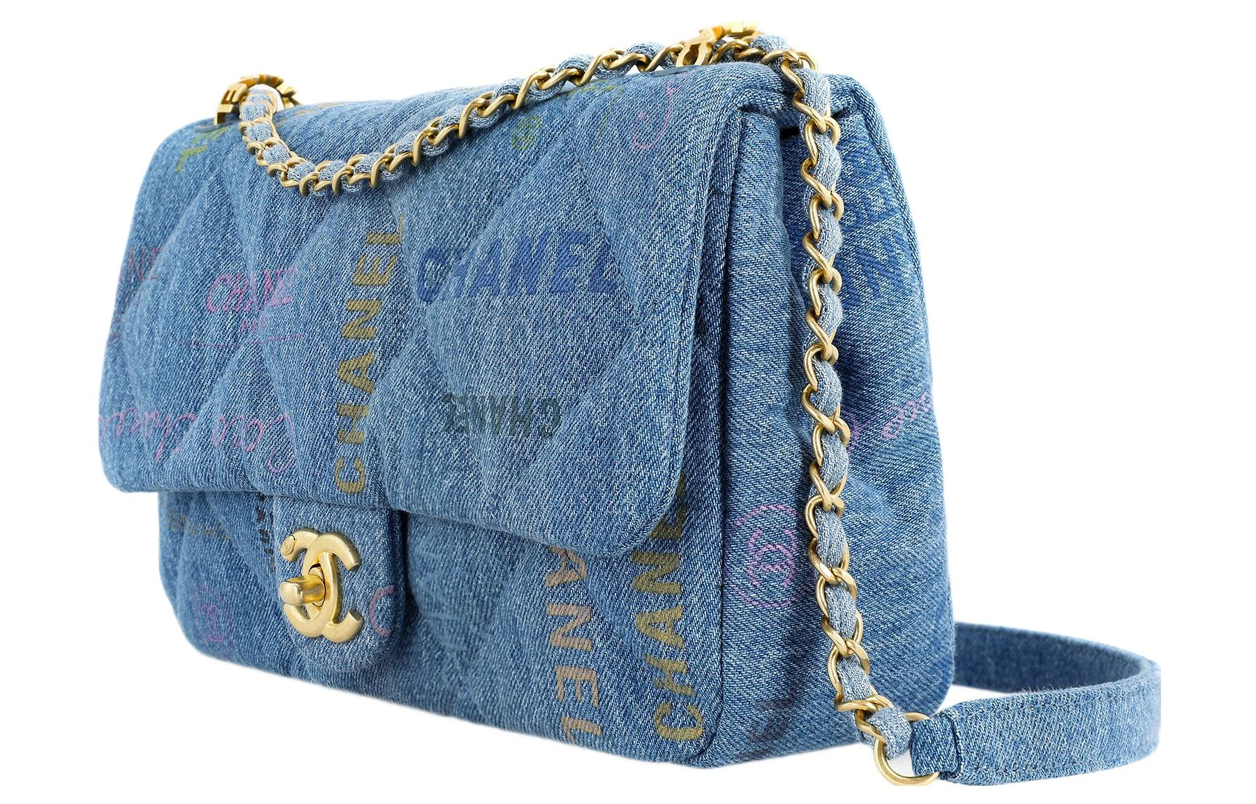 商品[国内直发] Chanel|香奈儿 Classic Flap CF 金扣链条 牛仔布 口盖包单肩斜挎包 常规 女款 蓝色,价格¥30713,第3张图片详细描述