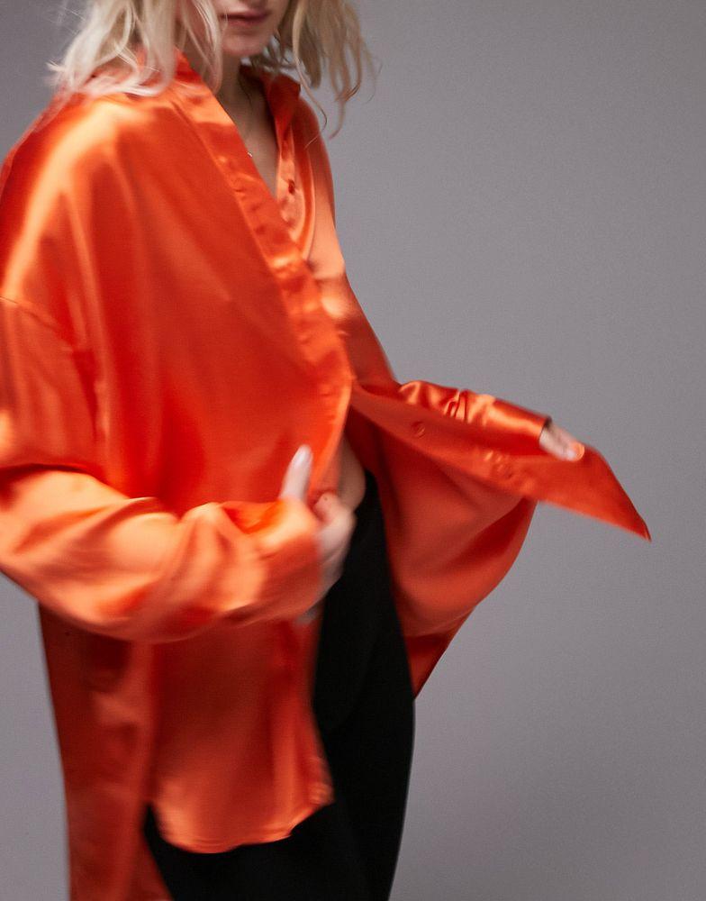 Topshop premium oversized satin shirt in orange商品第2张图片规格展示