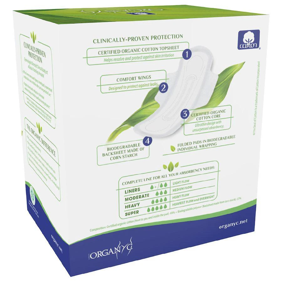 商品ORGANYC|100% Certified Organic Cotton Feminine Pads with Wings, Heavy Flow,价格¥32,第2张图片详细描述