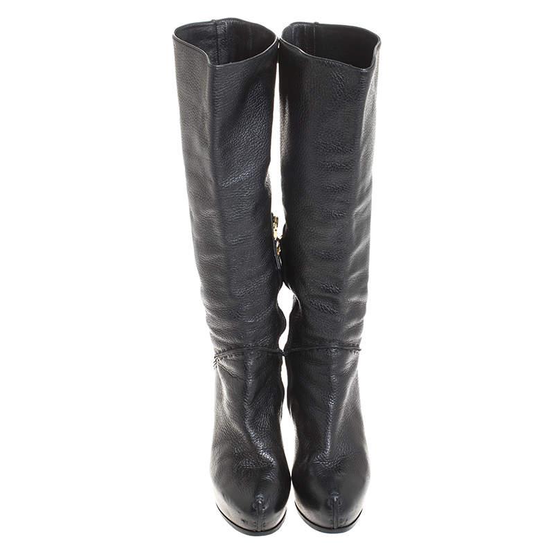 Fendi Black Textured Leather Mid Calf Platform Boots Size 38.5商品第3张图片规格展示