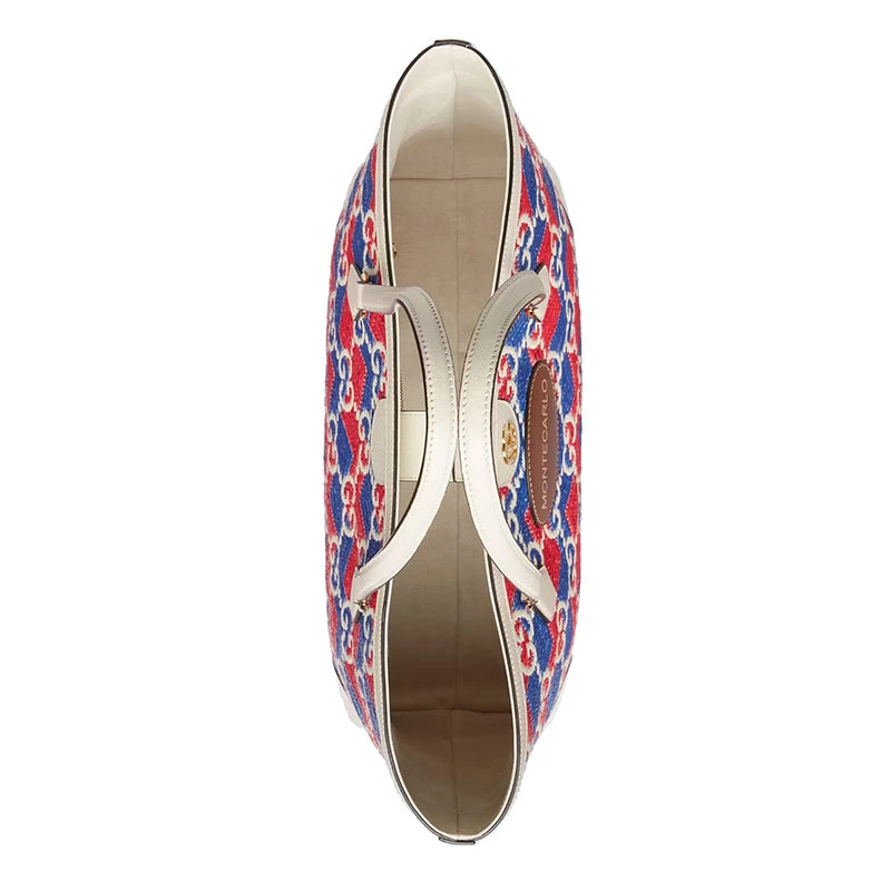 商品Gucci|【包税】GUCCI/古驰 22新款 女士蓝色/红色稻草效果面料配皮革GG老花“Montecarlo”字样刺绣手提包托特包631685UYFCG6288,价格¥13046,第6张图片详细描述