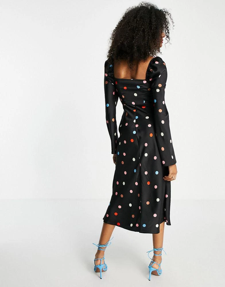 商品ASOS|ASOS DESIGN tie front bust midi dress with flare sleeve in multicoloured spot print,价格¥271,第3张图片详细描述