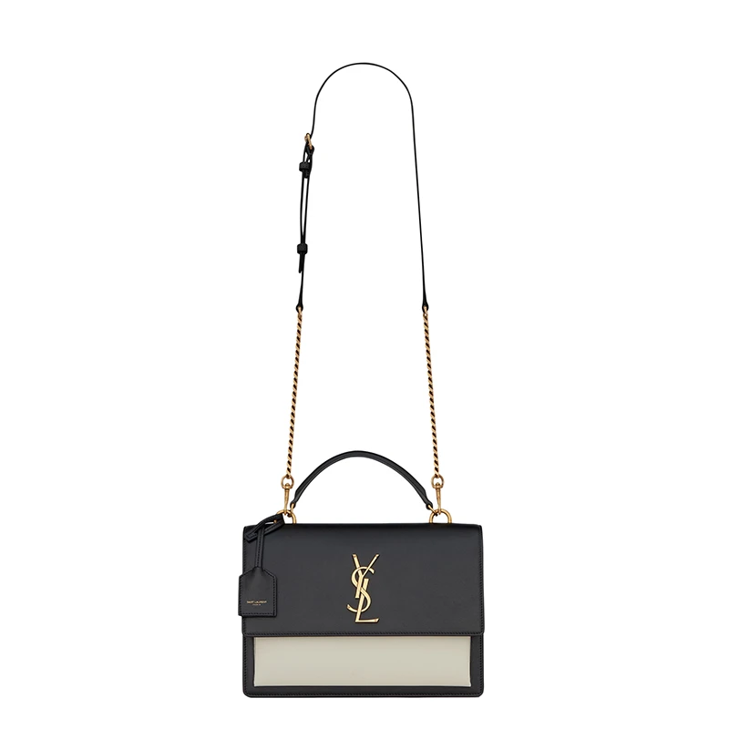 商品Yves Saint Laurent|SAINT LAURENT PARIS/圣罗兰 YSL 21秋冬新款SUNSET系列 女士中号黑色复古白色光滑牛皮革金扣翻盖斜挎单肩包,价格¥17634,第1张图片