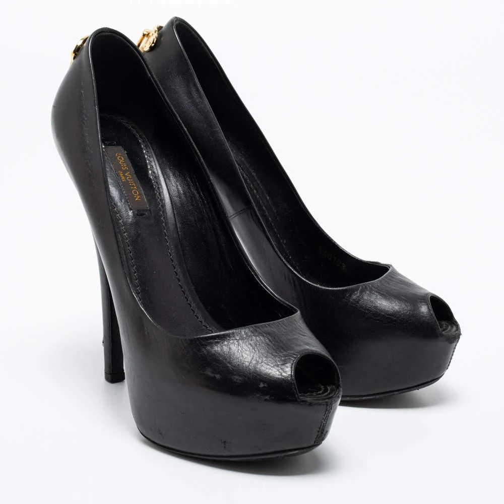 商品[二手商品] Louis Vuitton|Louis Vuitton Black Leather Oh Really! Peep Toe Platform Pumps Size 38,价格¥1106,第4张图片详细描述