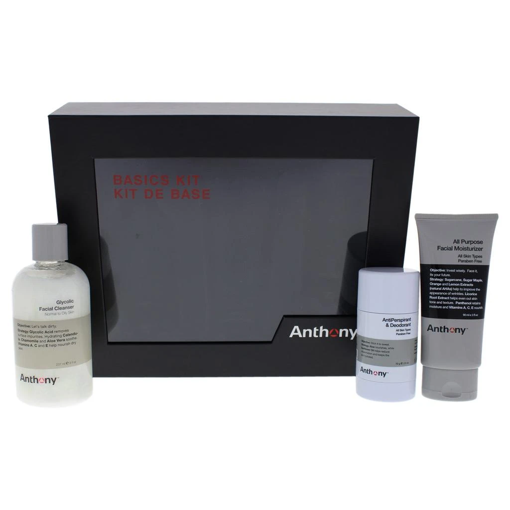 商品Anthony|Basics Kit by Anthony for Unisex - 3 Pc 8oz Glycolic Facial Cleanser, 3oz All Purpose Facial Moisturizer, 2.5oz Antiperspirant and Deodorant Stick,价格¥220,第1张图片