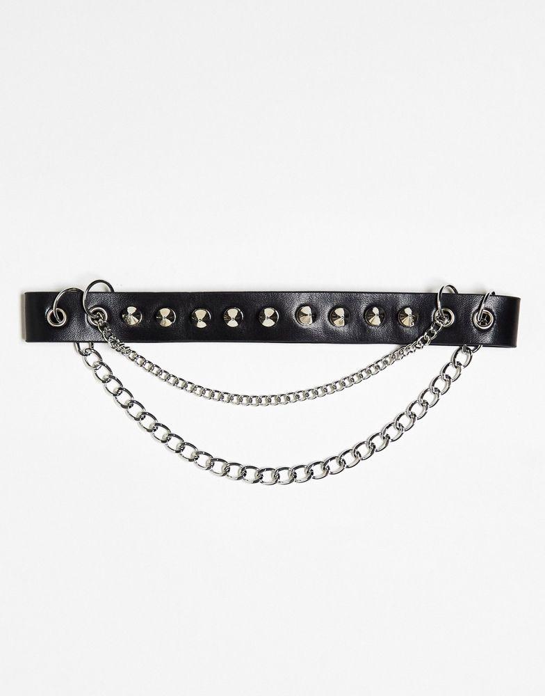 Reclaimed Vintage unisex spike faux leather necklace in black商品第1张图片规格展示