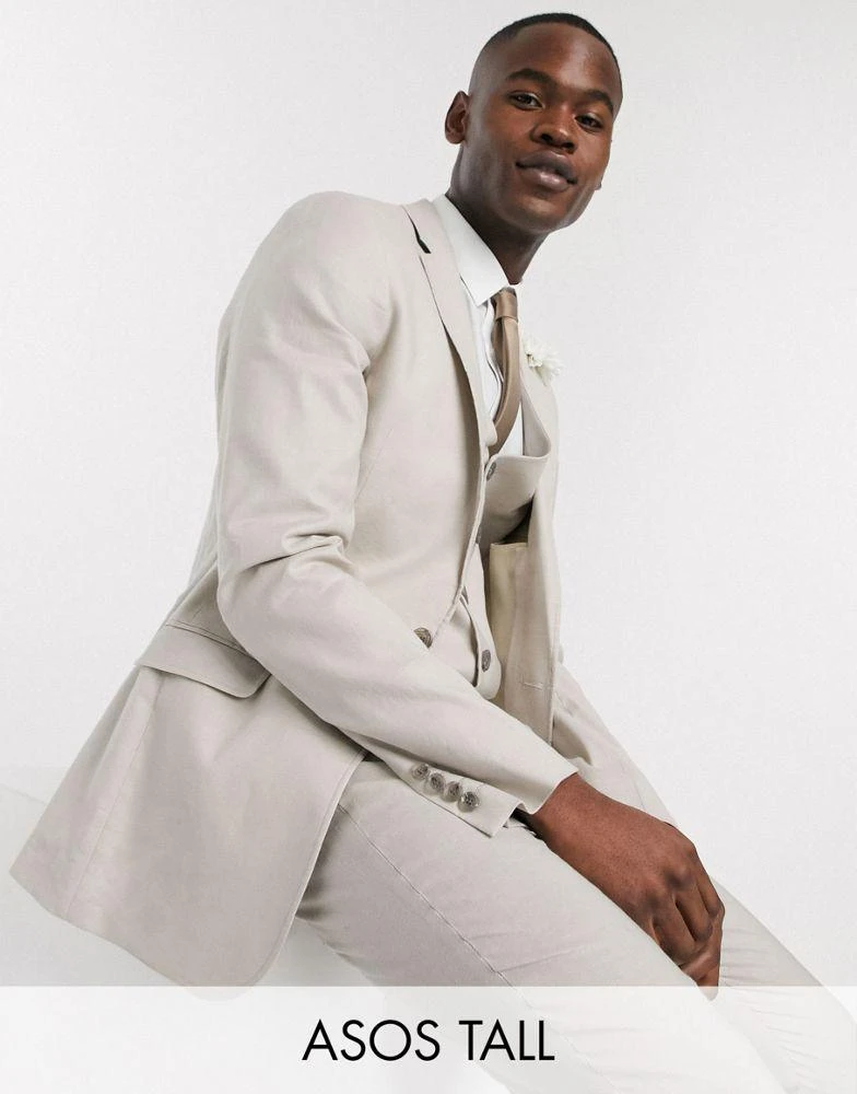 商品ASOS|ASOS DESIGN Tall wedding super skinny suit jacket in stretch cotton linen in stone,价格¥169,第1张图片