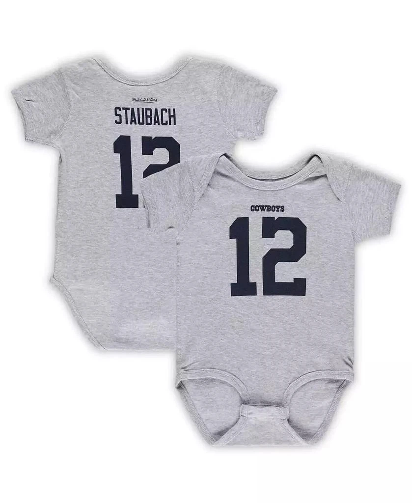 商品Mitchell & Ness|Infant Boys and Girls Roger Staubach Heathered Gray Dallas Cowboys Mainliner Retired Player Name and Number Bodysuit,价格¥210,第1张图片