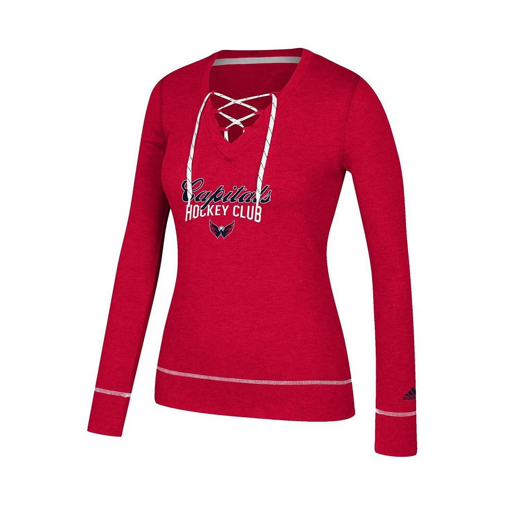 商品Adidas|Women's Heathered Red Washington Capitals Skate Through Long Sleeve Lace-Up V-Neck T-shirt,价格¥422,第3张图片详细描述