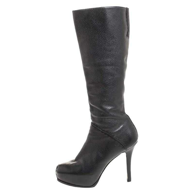 Fendi Black Textured Leather Mid Calf Platform Boots Size 38.5商品第2张图片规格展示