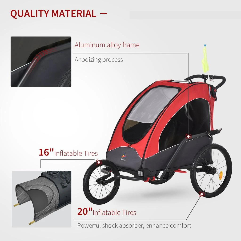 Streamdale Bike Trailer for Kids 3 In1 Foldable Child Jogger Stroller Baby Stroller Transport Carrier with Shock Absorber System Rubber Tires Adjustable Handlebar Kid Bicycle Trailer Red and Grey 商品