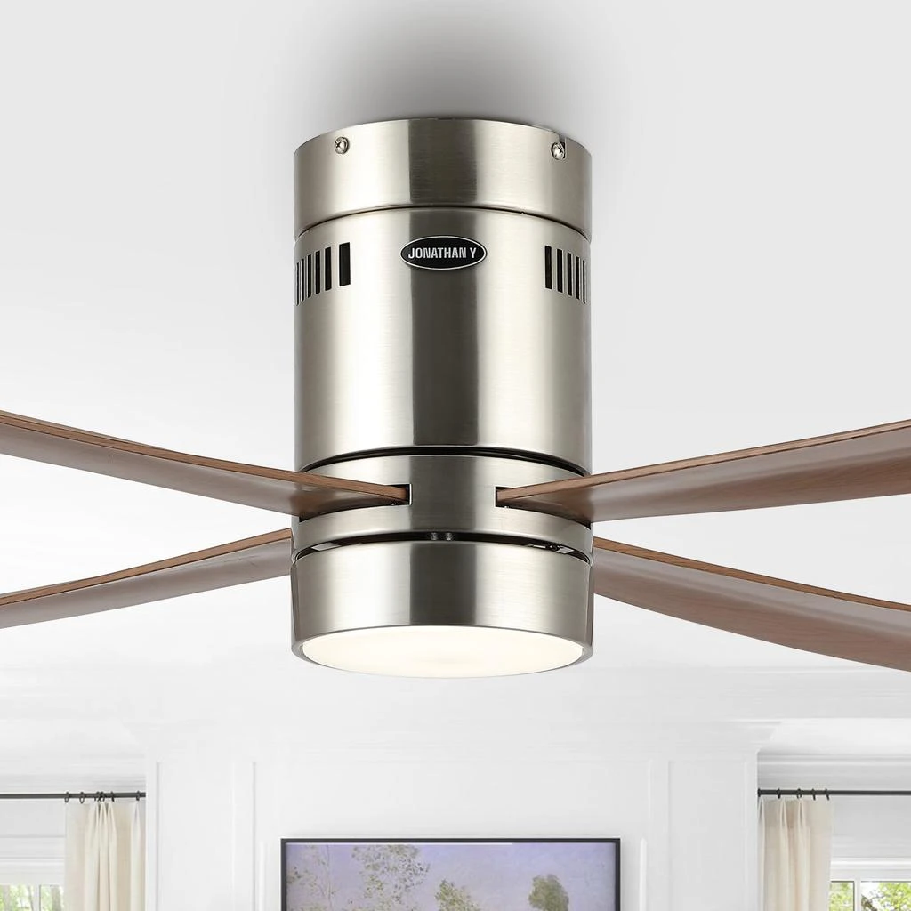 Theo 52" 1-Light Contemporary Minimalist Iron/Acrylic Mobile-App/Remote-Controlled 6-Speed Integrated LED Ceiling Fan, Nickel/Gray Wood Finish 商品
